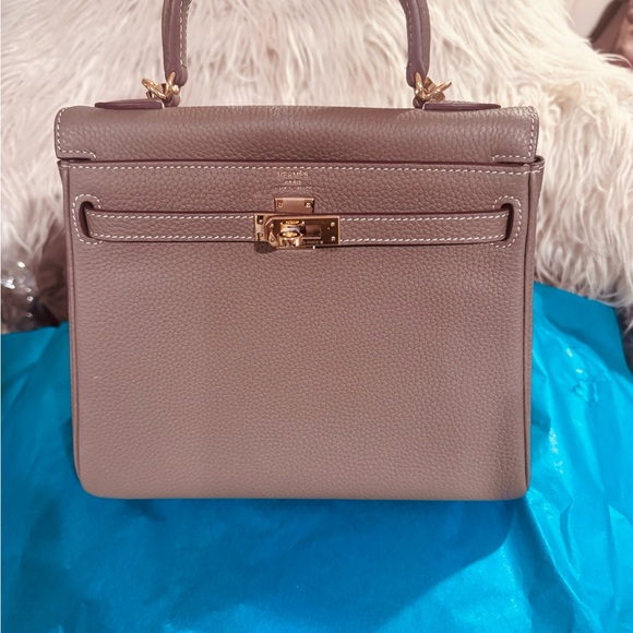 Taupe Leather Top-Handle Satchel with Gold Hardware - Picture 3 of 6